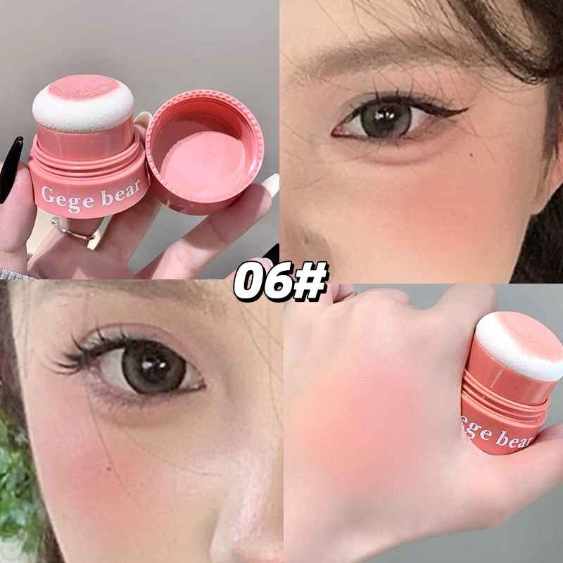 Collage of a pink makeup product with close-ups on eyes and skin.