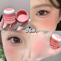 Collage of a pink makeup product with close-ups on eyes and skin.