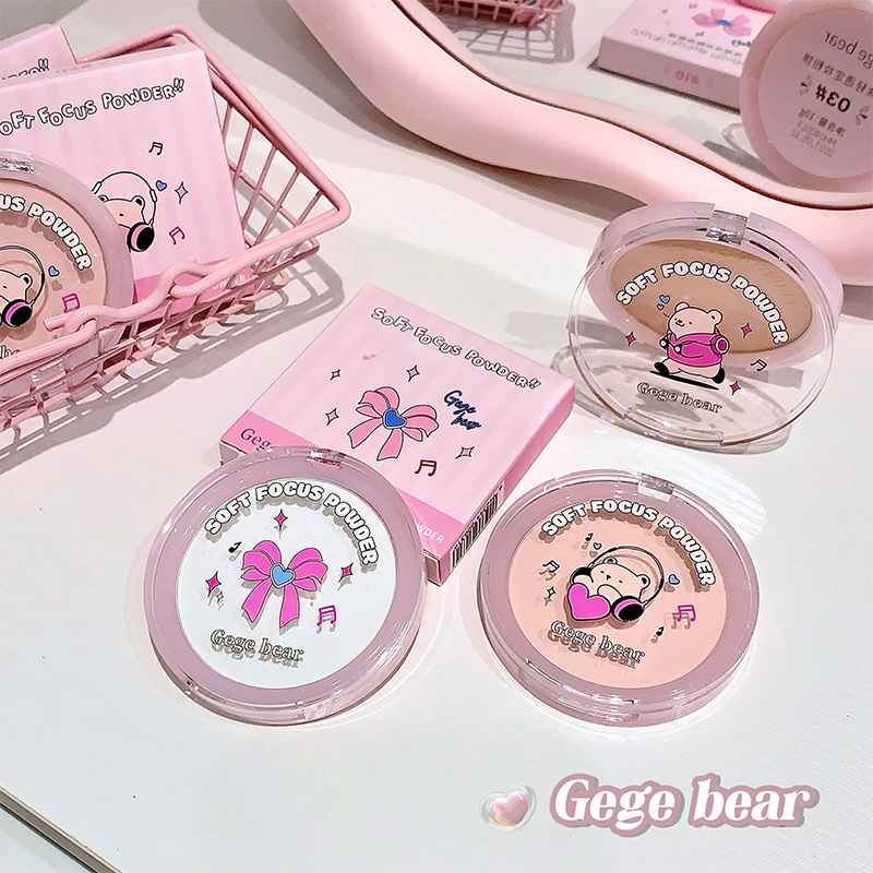 Makeup products with 'Gege bear' branding on a light pink background
