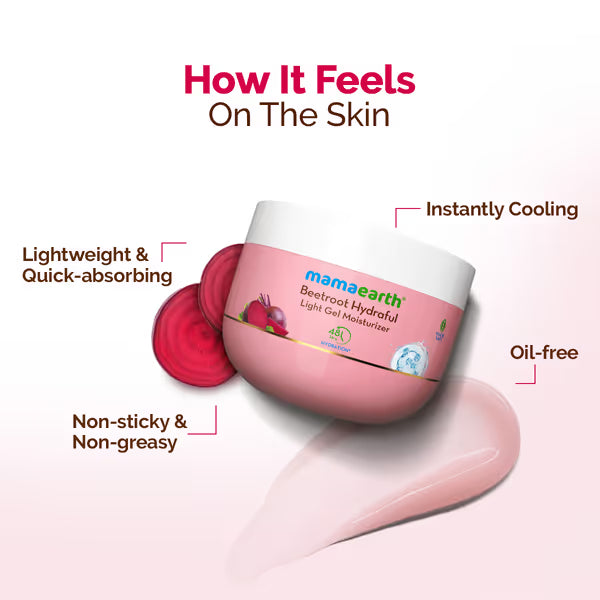 Mamaearth Beetroot Hydrafuel light gel moisturizer with text on skin benefits on a pink background