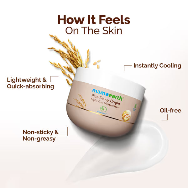 Mamaearth Rice Dewy Bright light gel moisturizer with text on skin benefits on a white background