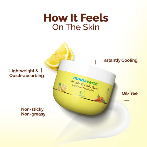 Mamaearth Vitamin C Daily Glow Light Gel Moisturizer with lemon wedge on a white background