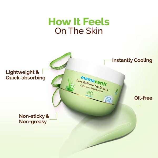 Mamaearth aloe vera product with text on skin benefits on a white background
