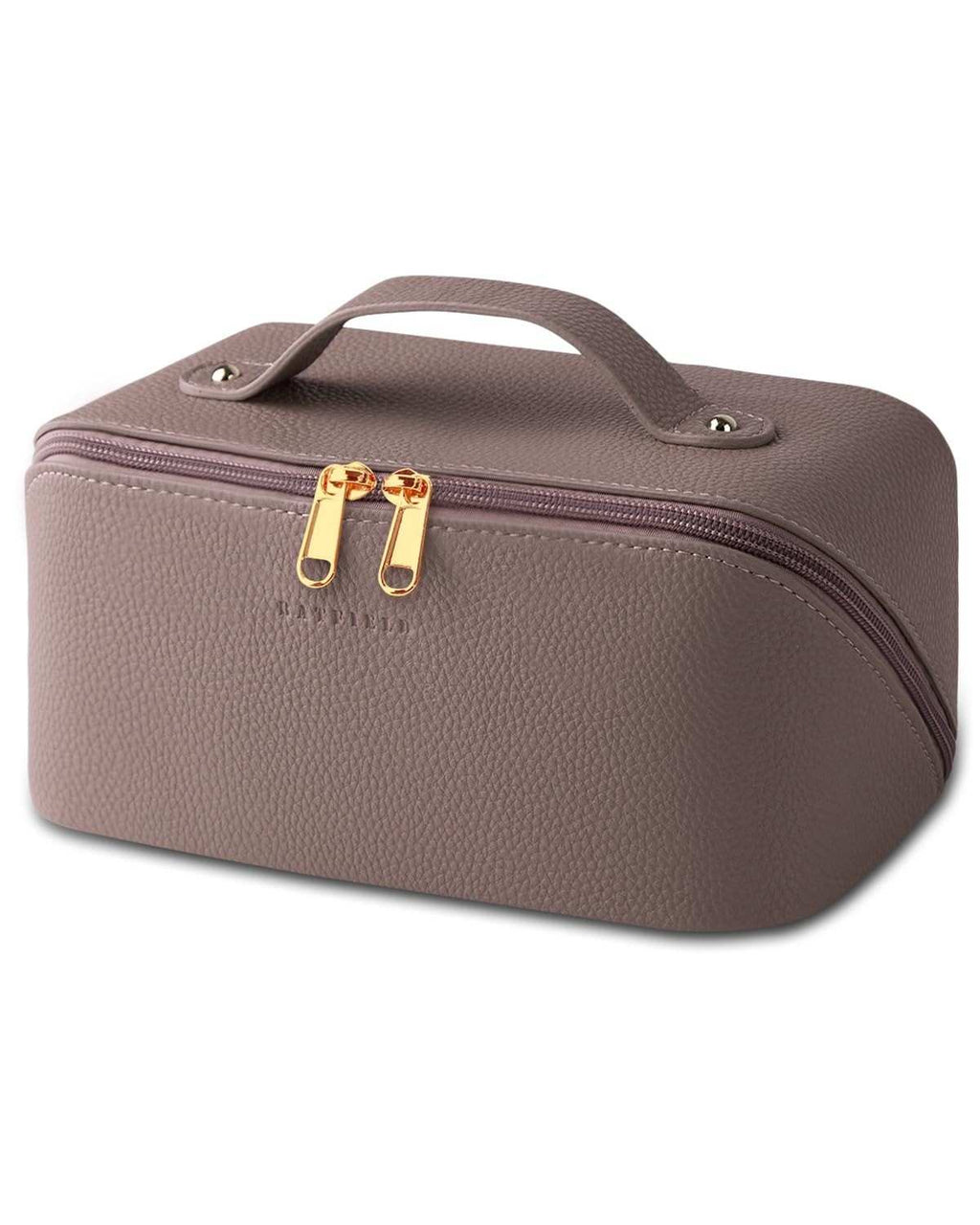 Brown travel case with gold zippers on a white background