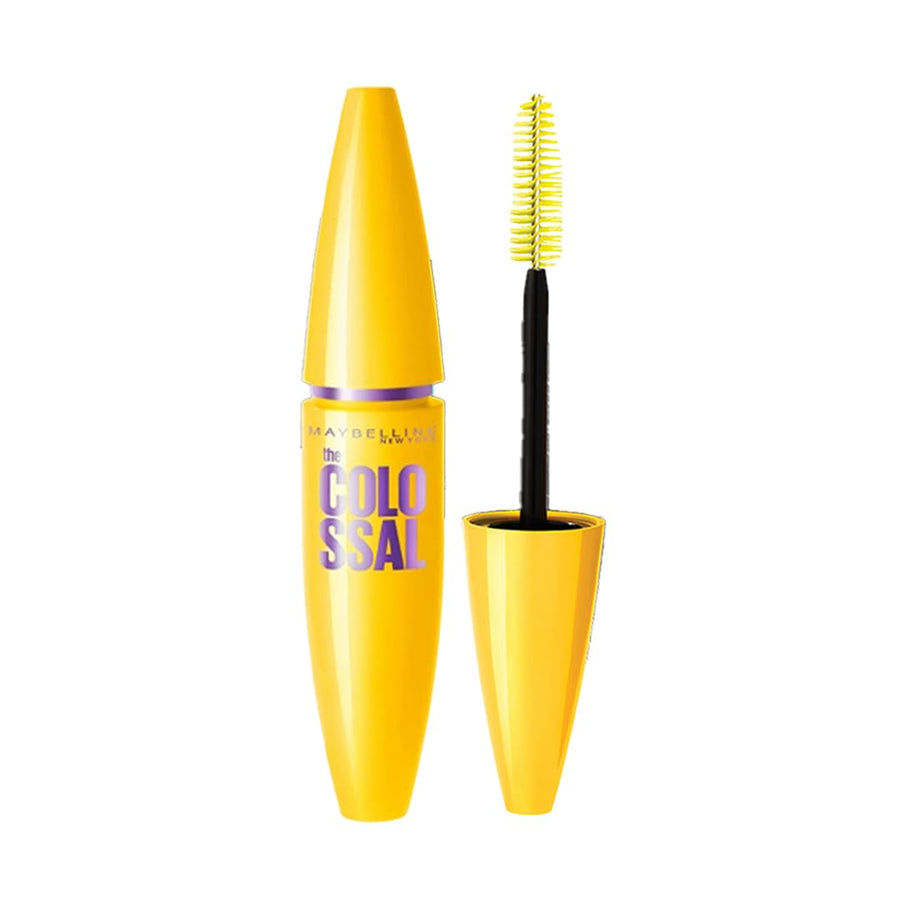 Maybelline Colossal mascara with yellow casing and black brush on a white background