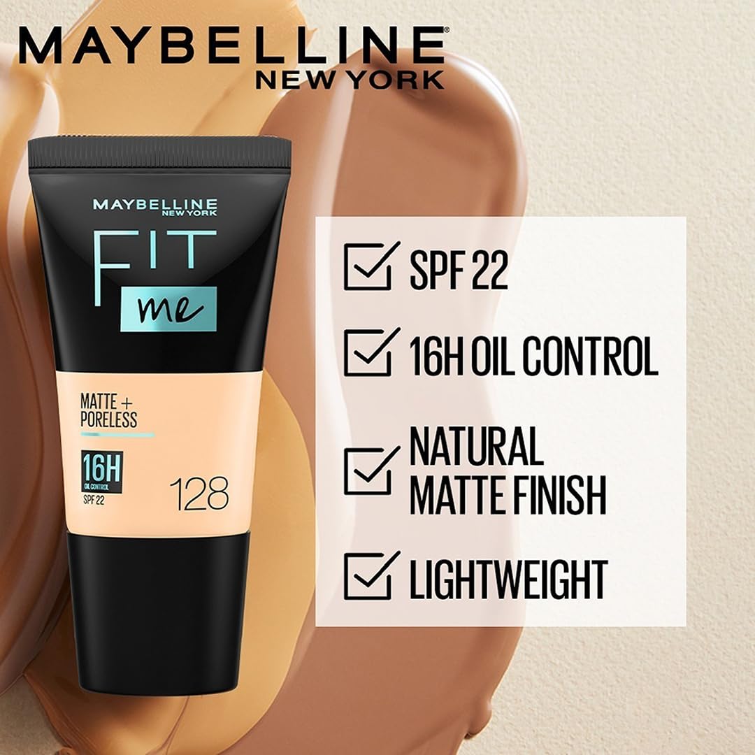 Maybelline Fit Me foundation tube with product features on a beige background