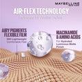 Maybelline New York advertisement for Air-Flex Technology with text and product imagery on a purple background.