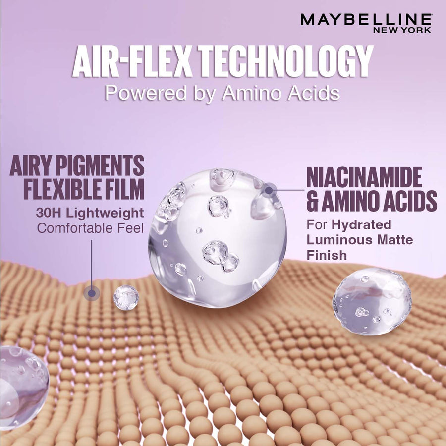 Maybelline New York advertisement for Air-Flex Technology with text and product imagery on a purple background.