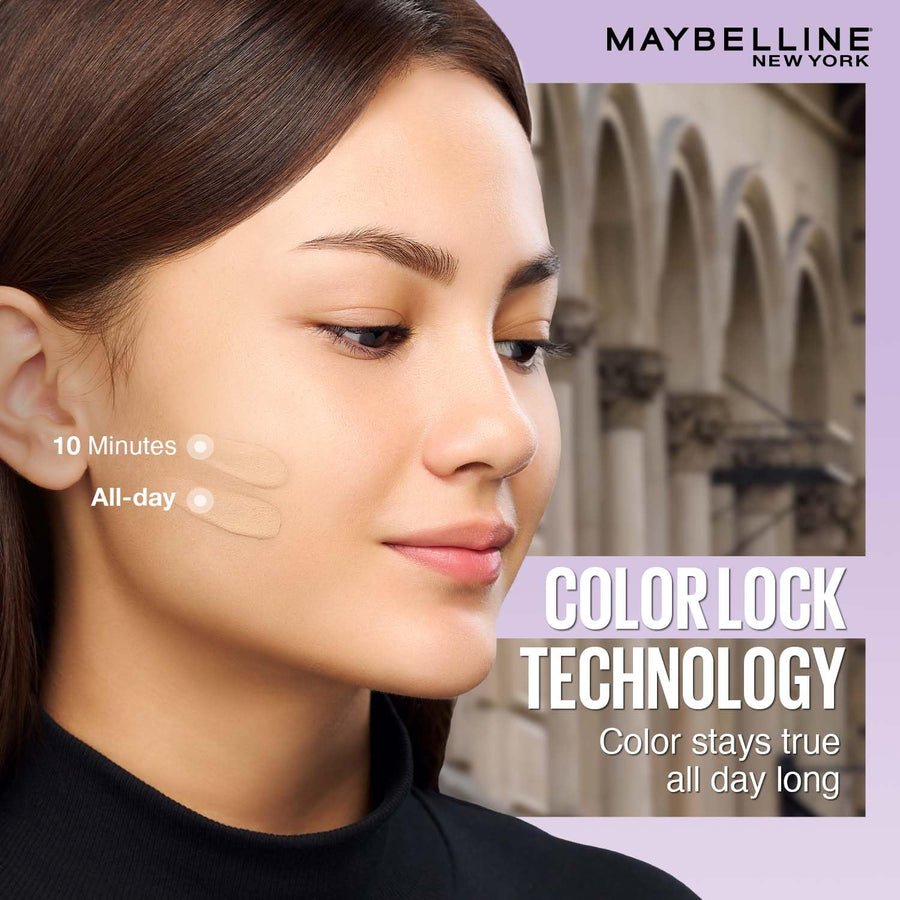 Maybelline New York advertisement with a woman's face and text about Color Lock Technology.