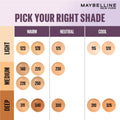 Maybelline New York color chart for picking the right shade with shades labeled as Warm, Neutral, and Cool.