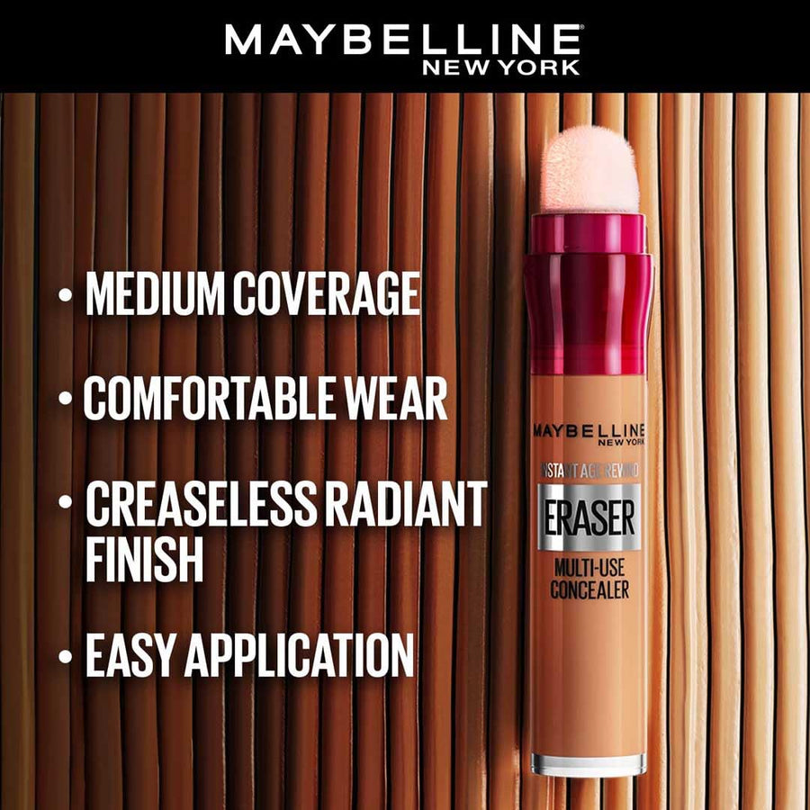Maybelline New York concealer with features listed on a striped background