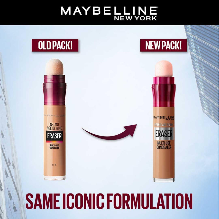 Maybelline New York concealer stick comparison between old and new packaging on a light blue background.