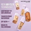 Maybelline New York foundation bottles with product features on a light purple background