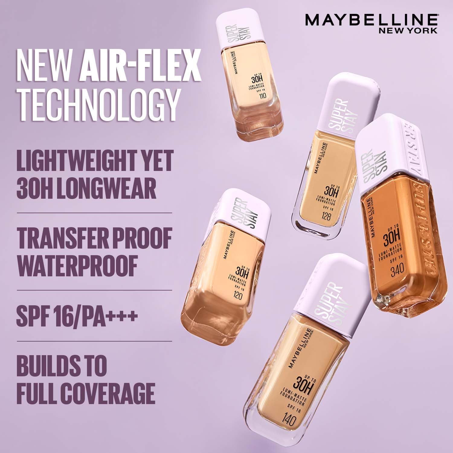 Maybelline New York foundation bottles with product features on a light purple background