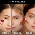 Maybelline New York makeup application on three different faces with conceal, contour, and highlight products.