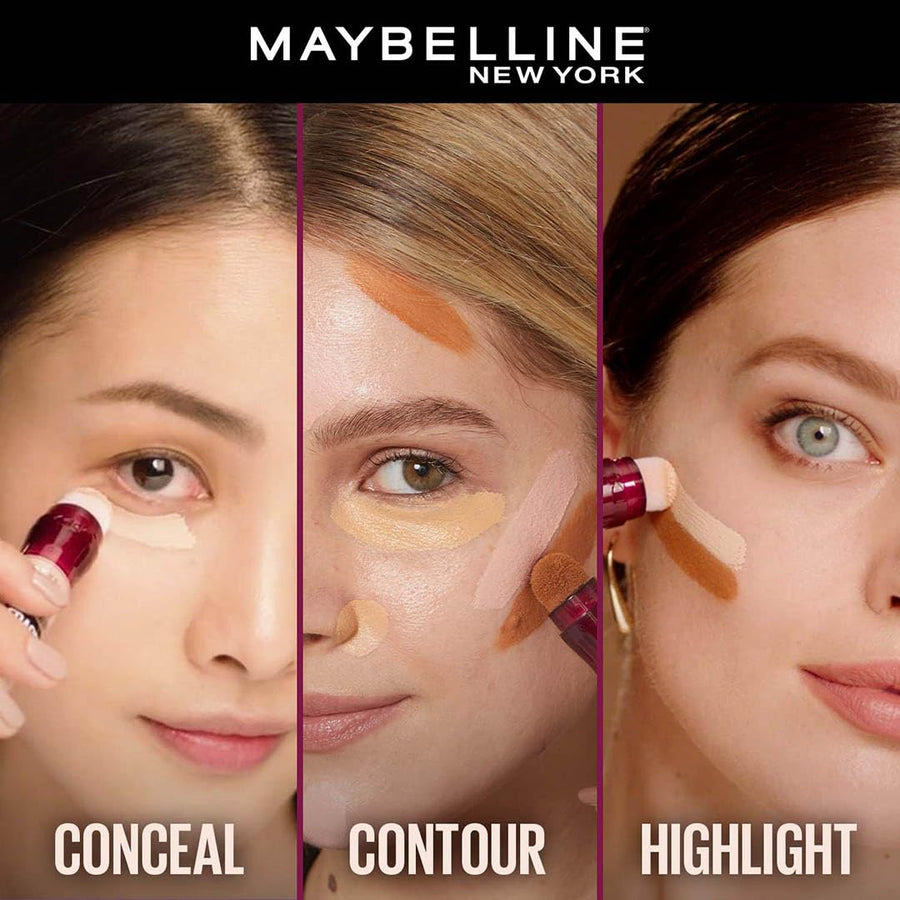 Maybelline New York makeup application on three different faces with conceal, contour, and highlight products.