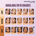 Maybelline New York makeup shade chart with 15 shades on a light purple background.