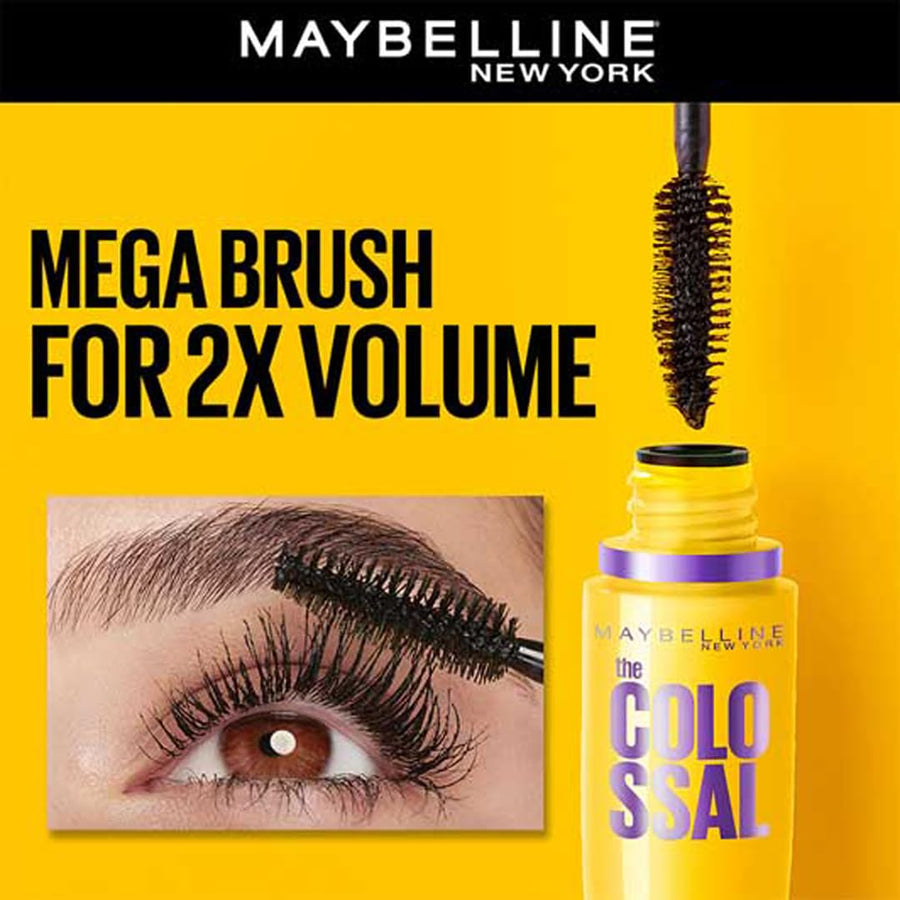 Maybelline New York mascara ad with eye and brush on yellow background