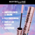 Maybelline New York mascara with product features on a cityscape background