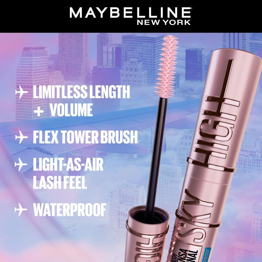 Maybelline New York mascara with product features on a cityscape background