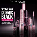 Maybelline Sky High Cosmic Black mascara with product packaging on a dark background