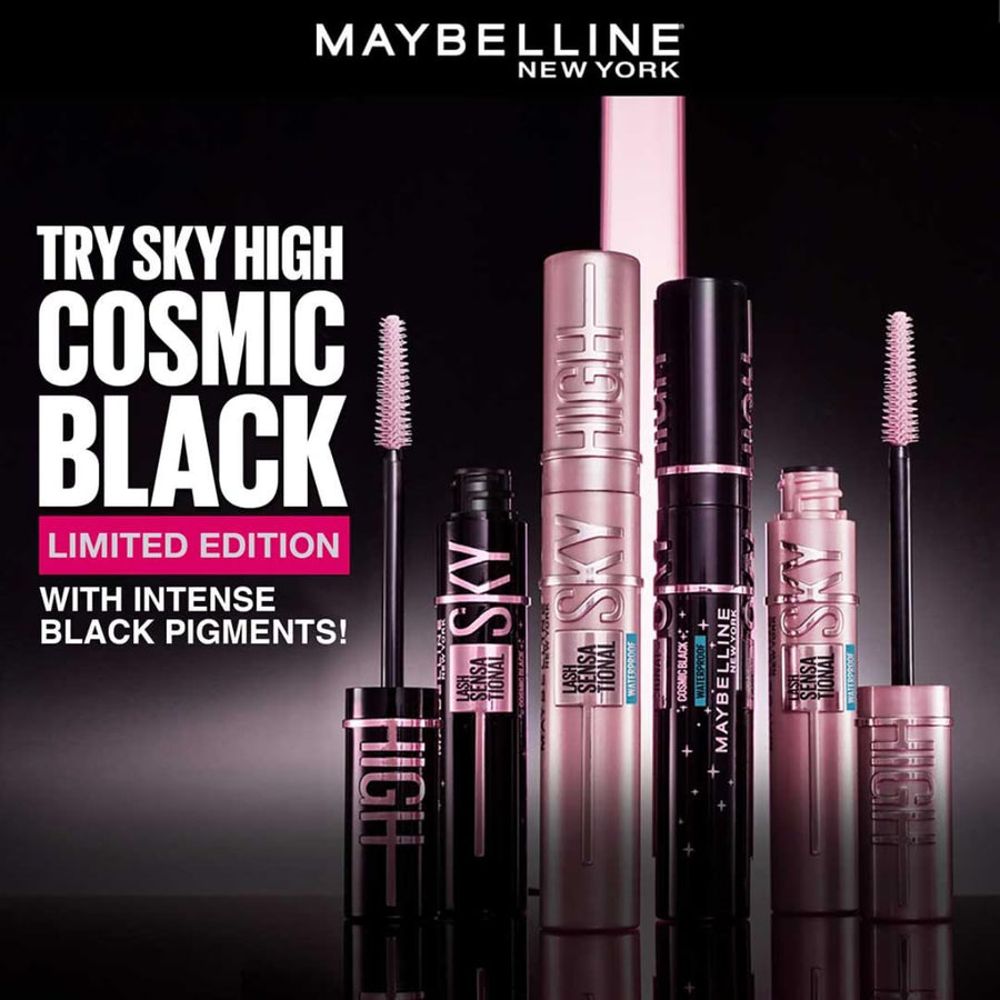 Maybelline Sky High Cosmic Black mascara with product packaging on a dark background