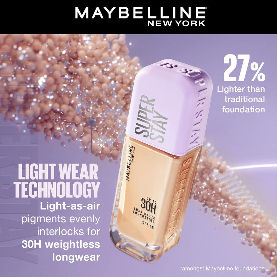 Maybelline Super Stay foundation bottle with product details on a purple background