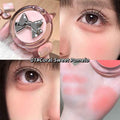 Makeup product with a bow design, applied to skin showing color swatches.