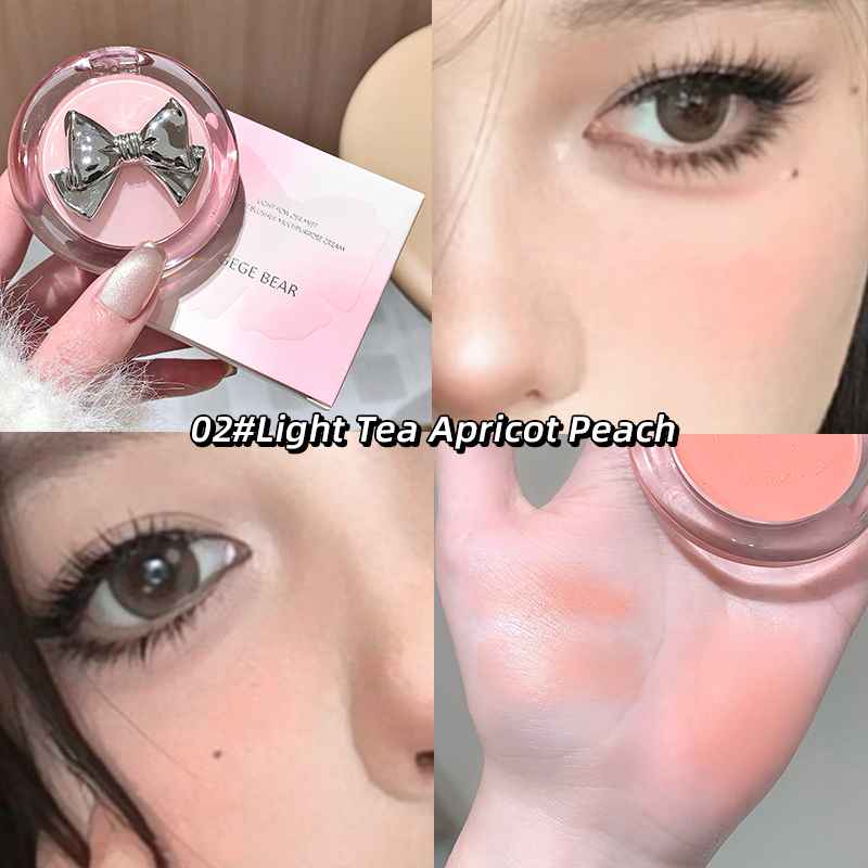 Makeup product with a bow design, close-up of eye with blush application, and color swatch.