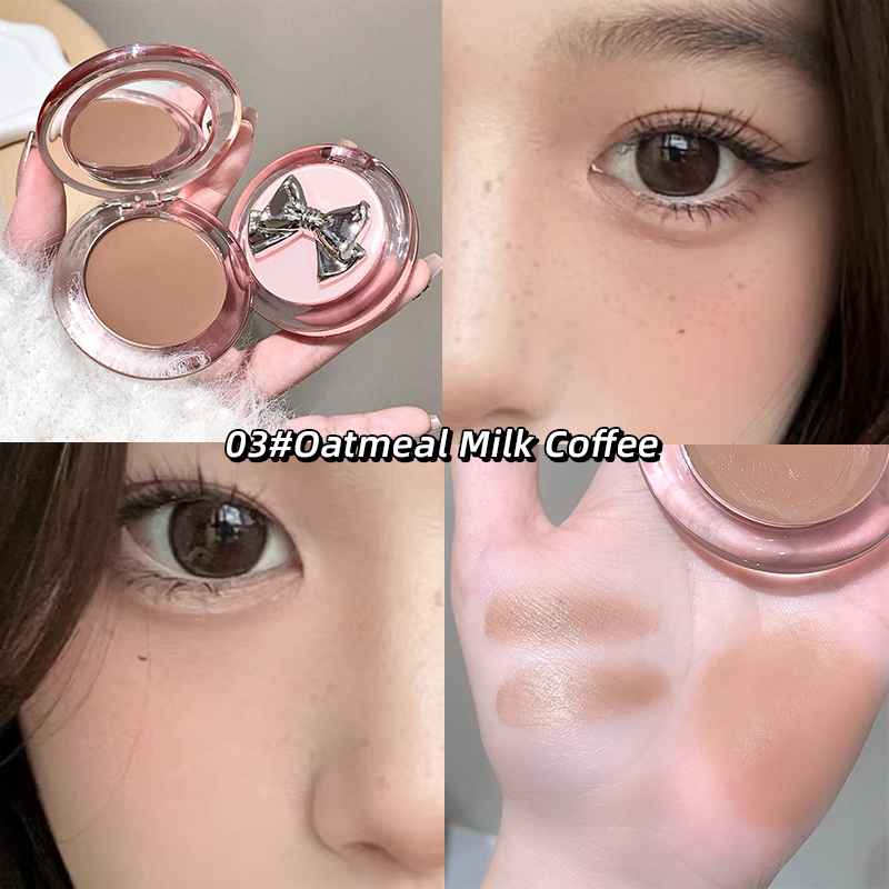 Makeup product with a bow design, close-up of eye color, and color swatches.