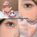 Makeup compact with a bow and close-up of eye makeup application.