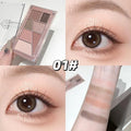 Makeup palette with eye shadows, close-up of eyes wearing makeup, and swatch on skin.
