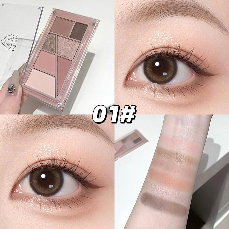Makeup palette with eye shadows, close-up of eyes wearing makeup, and swatch on skin.