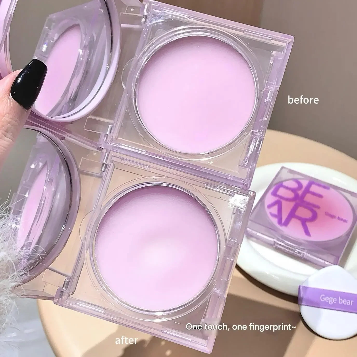 Girl holding a pack of two Gege Bear oil control compact powders in hand with a visible mirror on the packaging, showcasing the compact set for matte finish and shine control makeup.