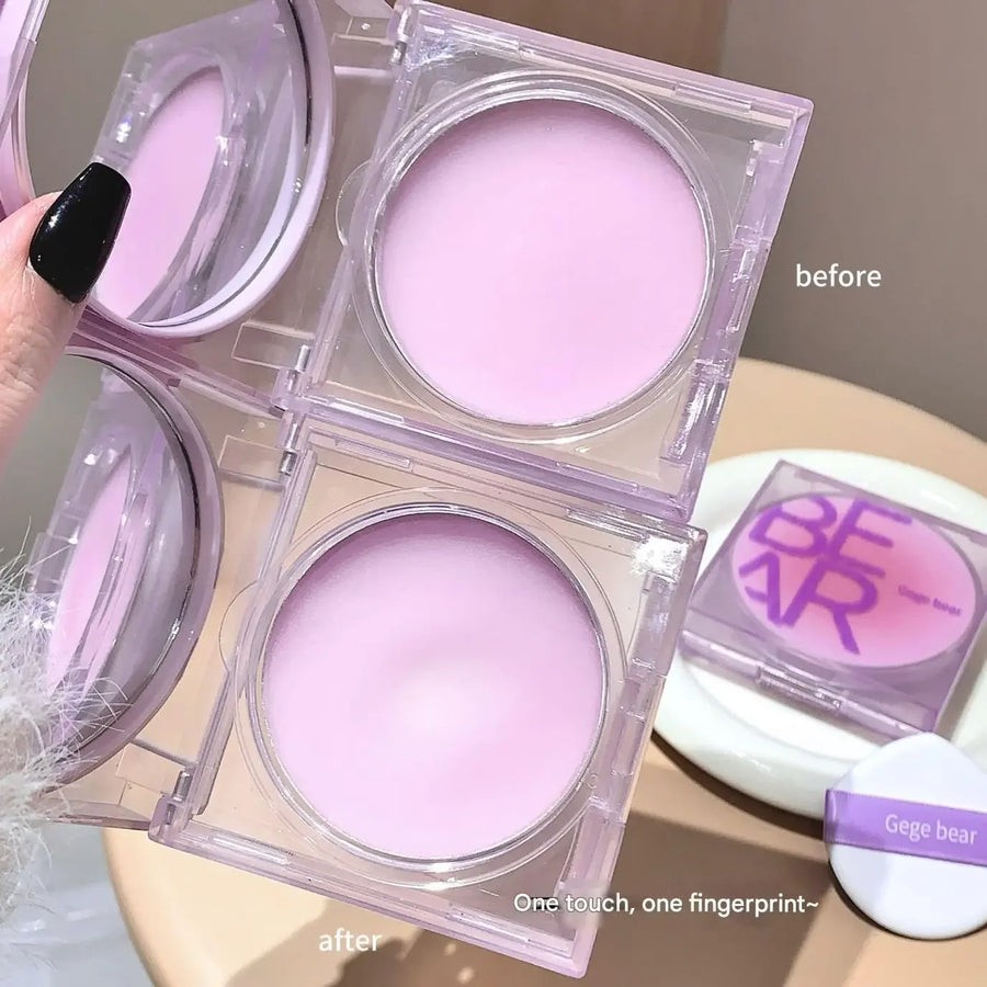 Girl holding a pack of two Gege Bear oil control compact powders in hand with a visible mirror on the packaging, showcasing the compact set for matte finish and shine control makeup.