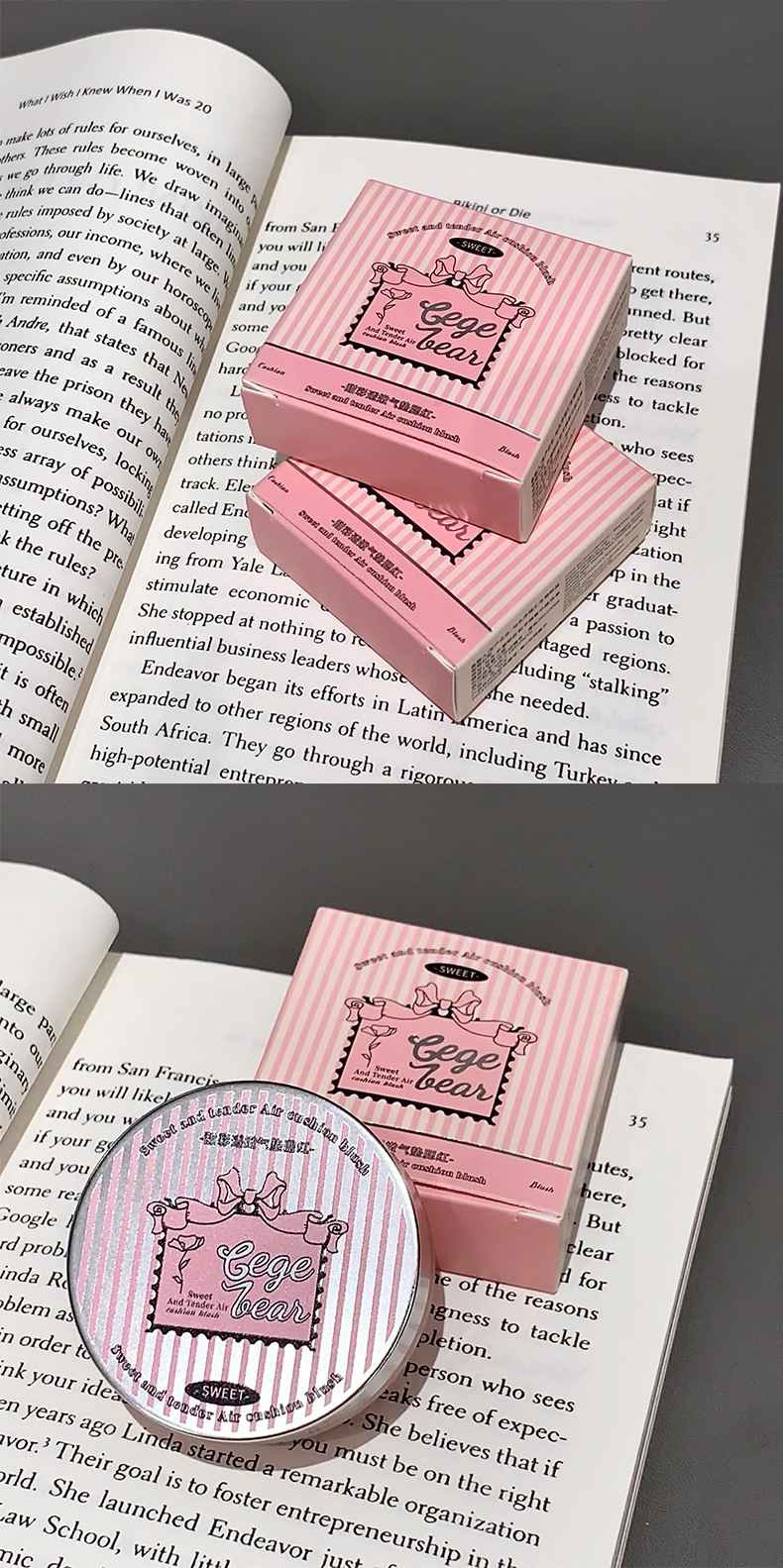 Pink Blush box with heart design on an open book