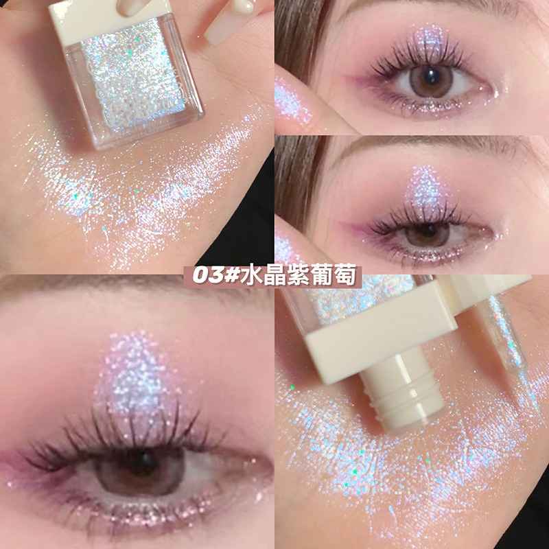 Collage of glittery eye makeup with close-up of product and application on eyelid.