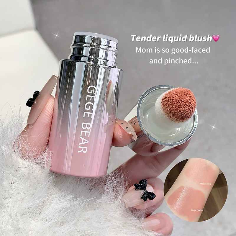 Pink liquid blush with a brush held by a hand, labeled 'GEGE BEAR'.
