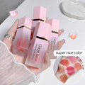 Pink blush with 'Gege bear' branding held by a hand, surrounded by decorative elements.