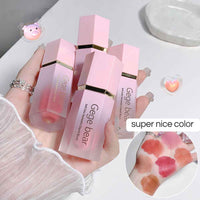 Pink blush with 'Gege bear' branding held by a hand, surrounded by decorative elements.