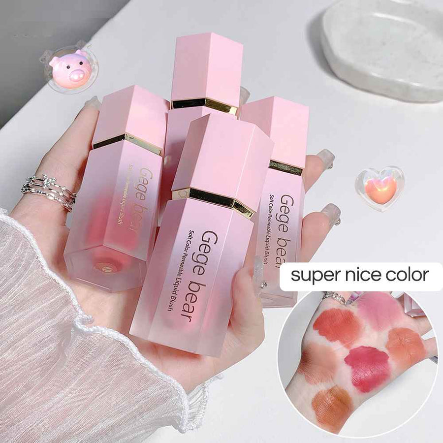 Pink blush with 'Gege bear' branding held by a hand, surrounded by decorative elements.
