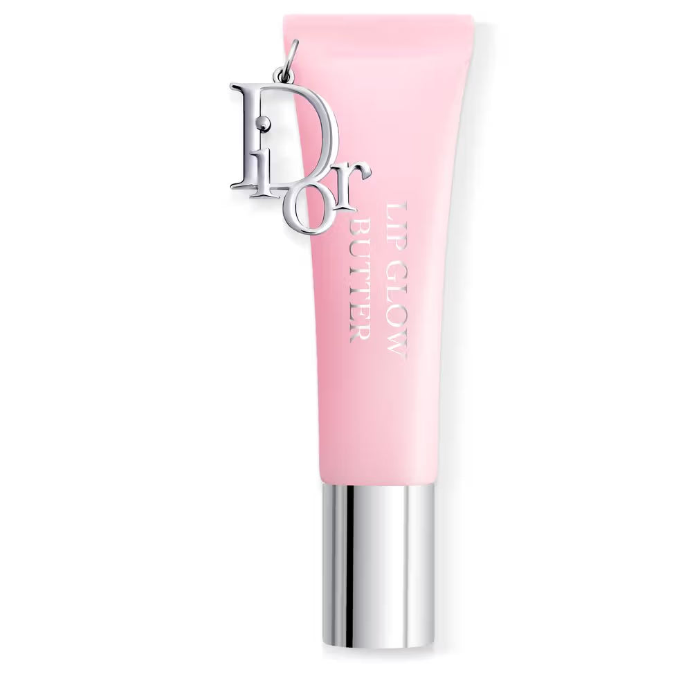 Pink lip balm with silver cap on a white background