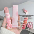 Pink lipstick with 'Gege Bear' branding held by a hand, with packaging and color swatches displayed.