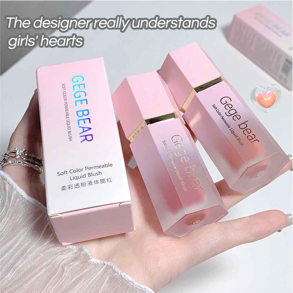 Pink liquid blush with packaging held in a hand, labeled 'Gege Bear'.