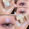 Collage of liquid shimmery Eyeshadow palette with close-up of product and application on eyelid.