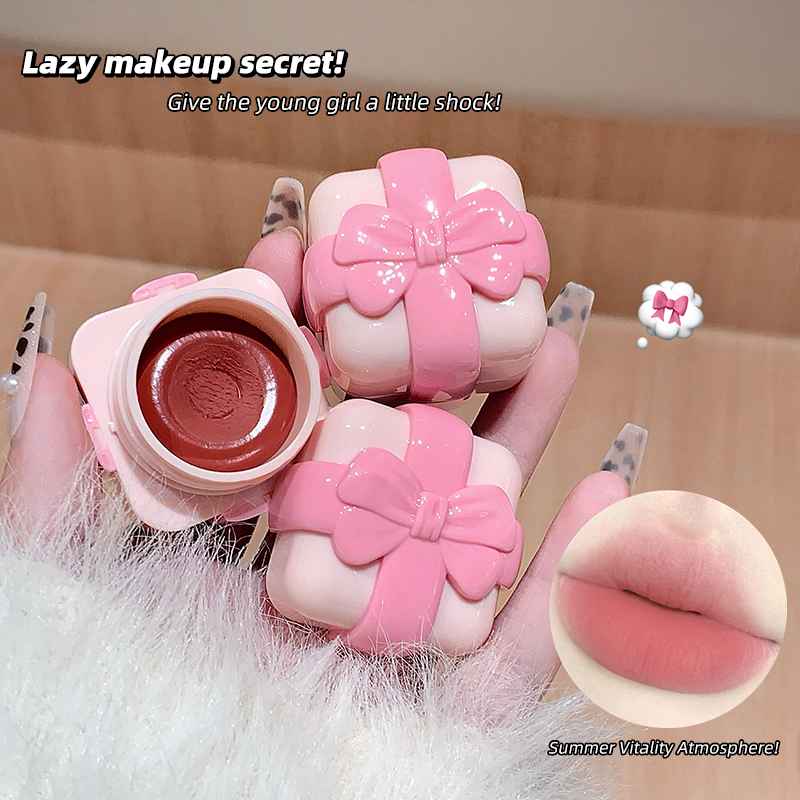 Pink makeup blush with a bow and a close-up of lips, labeled 'Lazy makeup secret!'.