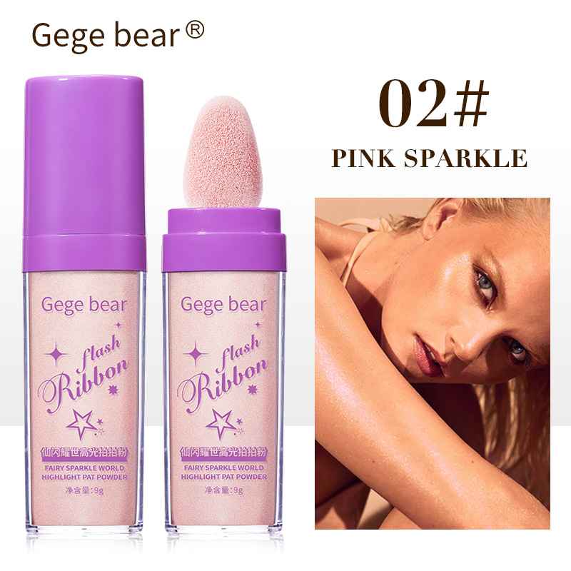 Gege bear makeup product with pink sparkle shade and a model on the side.
