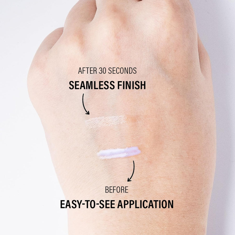 Product application on skin with text indicating 'Seamless Finish' and 'Easy-to-see Application'.