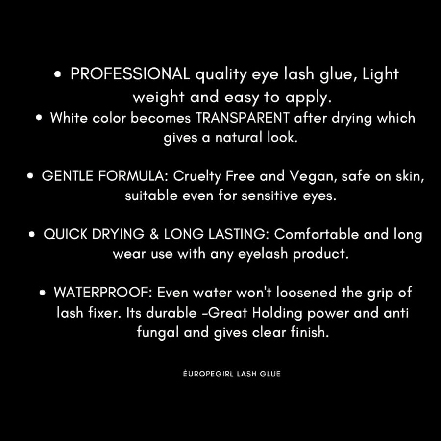 Product description text for Europegirl lash glue on a black background