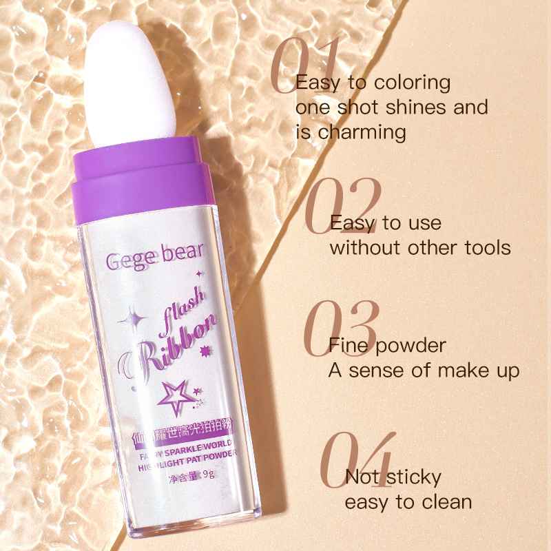 Makeup product with purple cap and white body on a beige background, featuring text about product features.